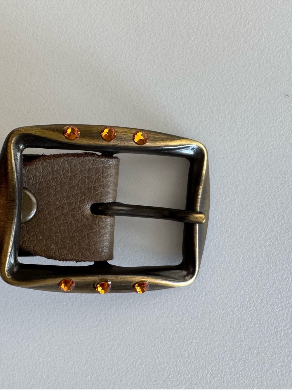Vera Pelle Brown Leather Belt with Antique Brass Buckle and Orange Gem Accents - Picture 2 of 5